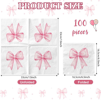 100Pcs Pink Bow Napkins Decorative Bow Coquette Napkins for Bachelorette Bridal Wedding Baby Shower Tea Party Decoration Supplies