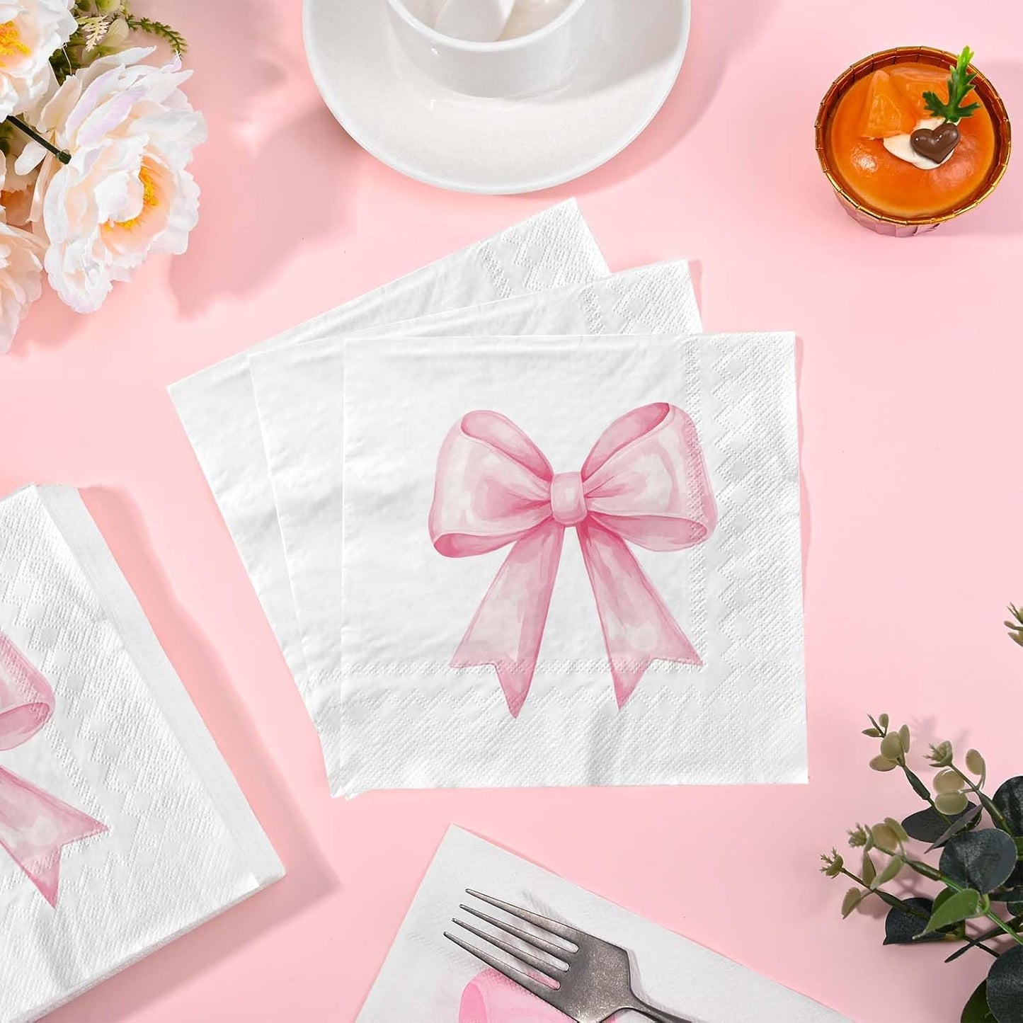 100Pcs Pink Bow Napkins Decorative Bow Coquette Napkins for Bachelorette Bridal Wedding Baby Shower Tea Party Decoration Supplies