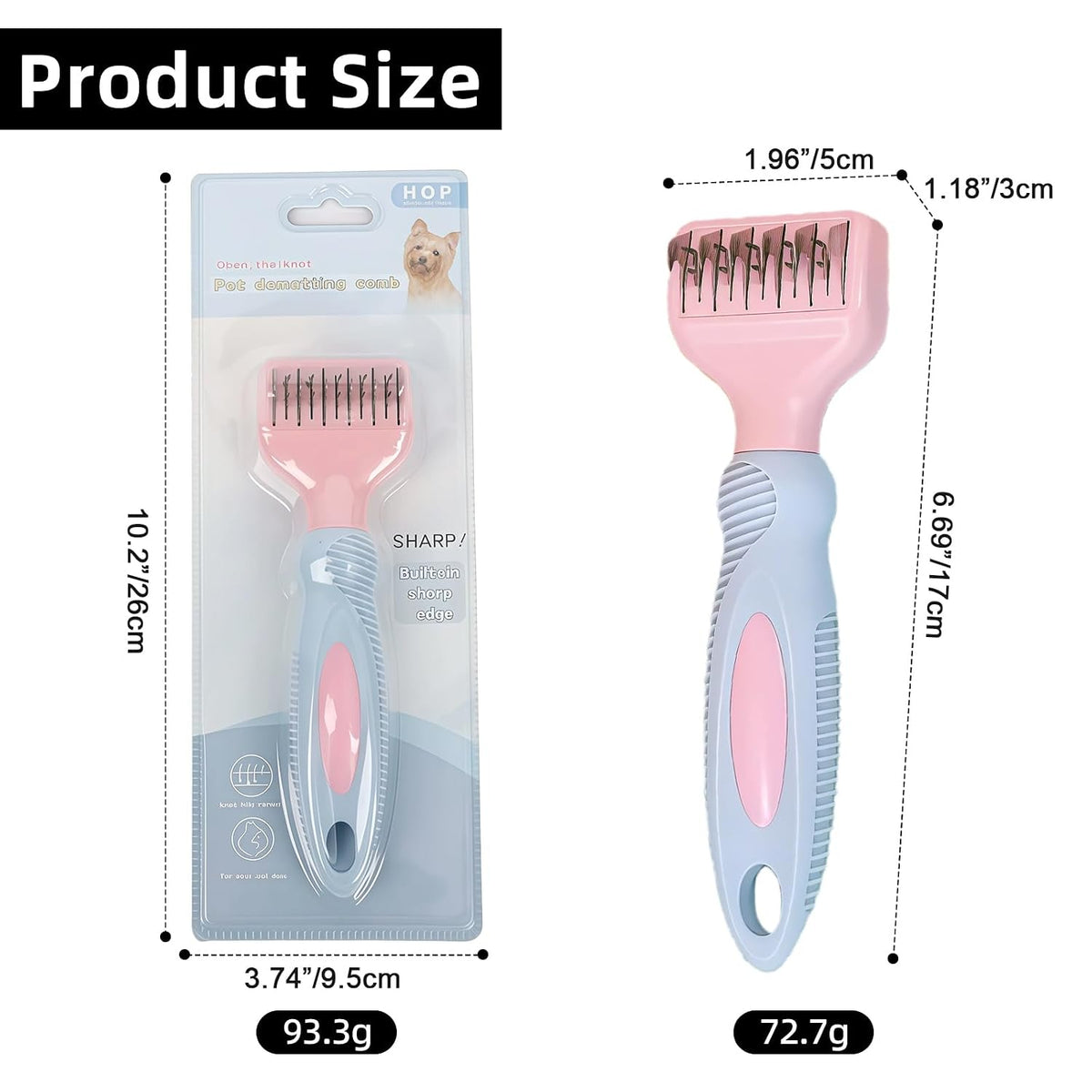 HOP Pink Professional Pet Dematting Comb for Dogs&Cats Matted Fur Remover
