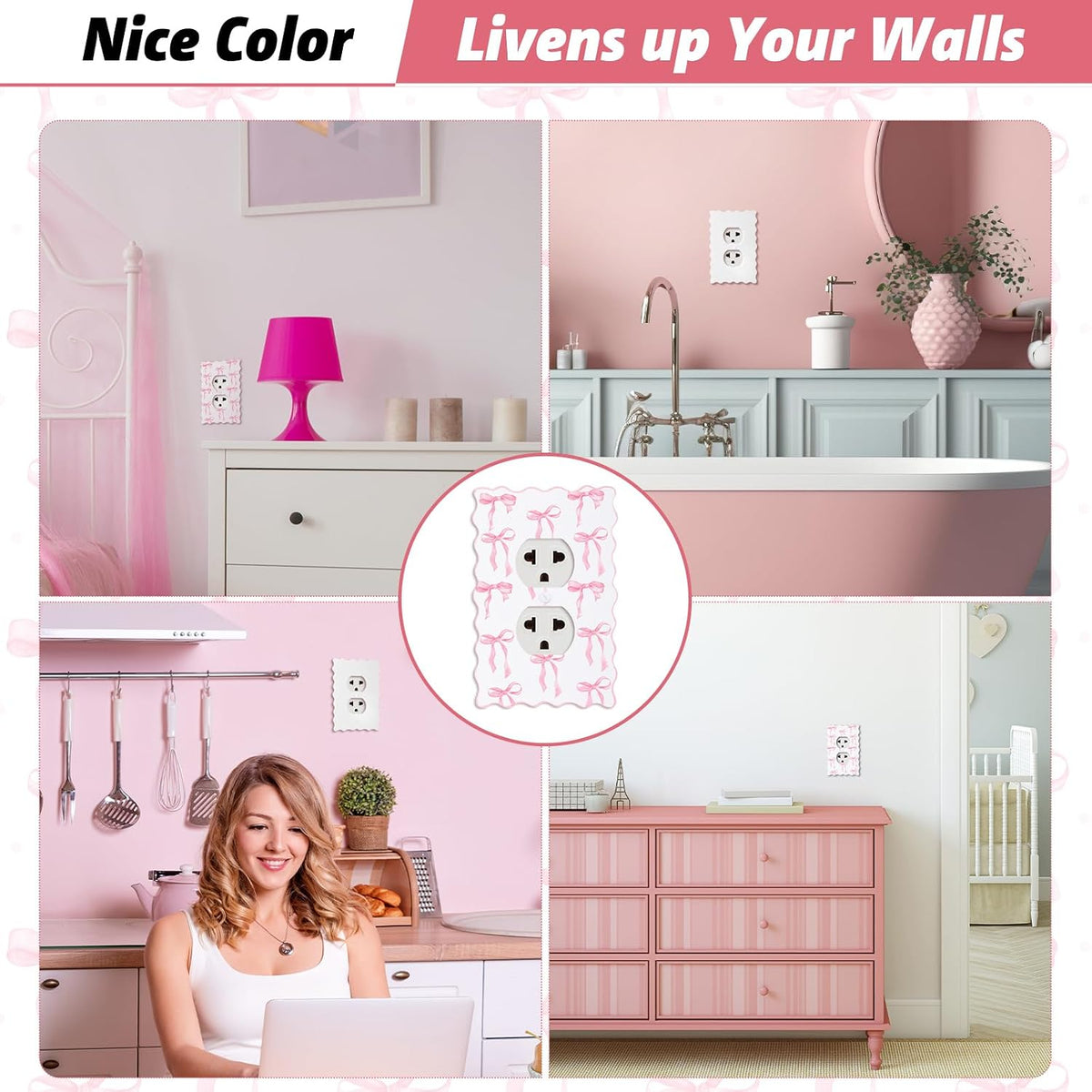 4 Pcs 2 Pack Pink Bow Light Outlet Switch Cover, Round Hole