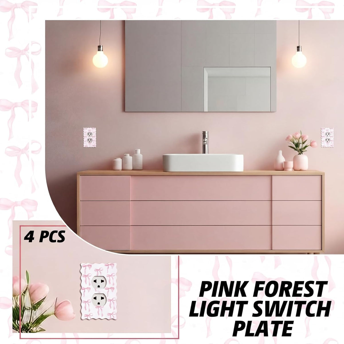 4 Pcs 2 Pack Pink Bow Light Outlet Switch Cover, Round Hole