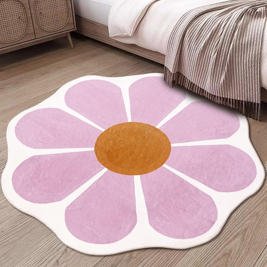 Pink Flower Shaped Rug 47x47 Inch, Cute Round Area Rug for Bedroom Living Room Fluffy Circular Carpet Washable Floor Mat for Kids Room Nursery Room Playroom