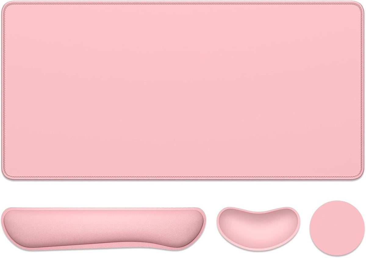 Keyboard Wrist Rest Mouse Pad Set, 4Pcs Extended Large XXL Gaming Mousepad + Mouse Wrist Cushion + Memory Foam Keyboard Wrist Support + Cup Coaster, Pink 31.5x15.7in Desk Pad for Home Office