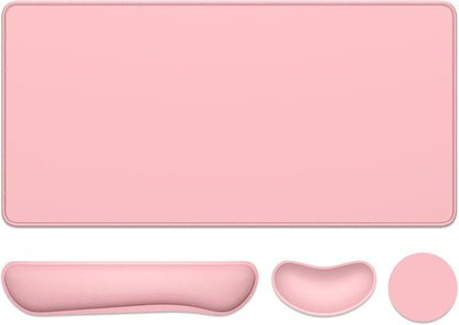 Keyboard Wrist Rest Mouse Pad Set, 4Pcs Extended Large XXL Gaming Mousepad + Mouse Wrist Cushion + Memory Foam Keyboard Wrist Support + Cup Coaster, Pink 31.5x15.7in Desk Pad for Home Office