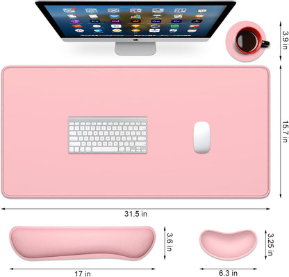 Keyboard Wrist Rest Mouse Pad Set, 4Pcs Extended Large XXL Gaming Mousepad + Mouse Wrist Cushion + Memory Foam Keyboard Wrist Support + Cup Coaster, Pink 31.5x15.7in Desk Pad for Home Office