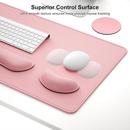 Keyboard Wrist Rest Mouse Pad Set, 4Pcs Extended Large XXL Gaming Mousepad + Mouse Wrist Cushion + Memory Foam Keyboard Wrist Support + Cup Coaster, Pink 31.5x15.7in Desk Pad for Home Office