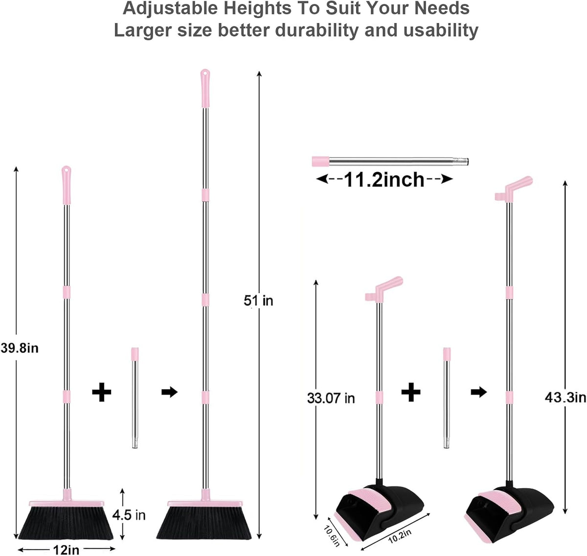 Pink Broom and Dustpan Combo Set, 51" Long Handle Broom
