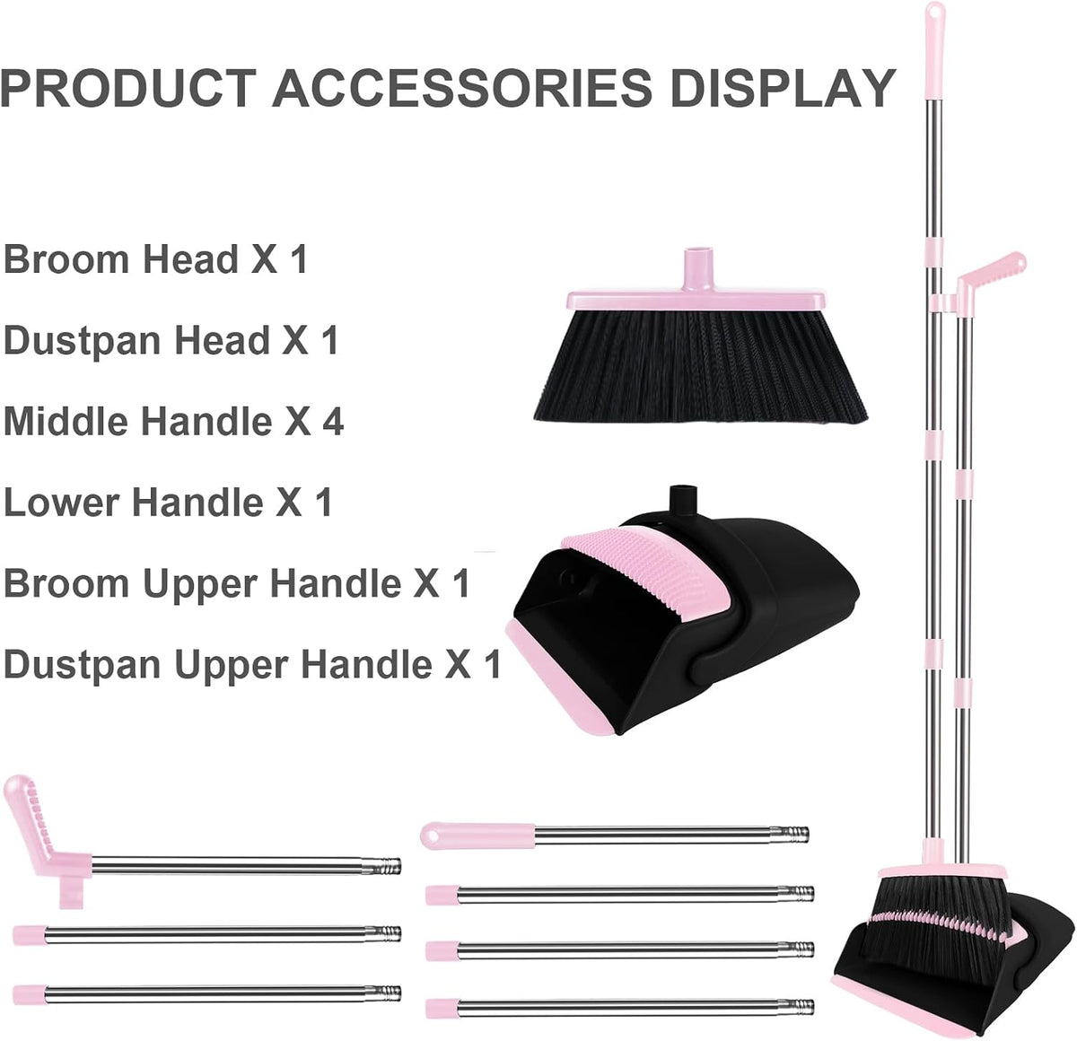 Pink Broom and Dustpan Combo Set, 51" Long Handle Broom