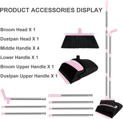 Pink Broom and Dustpan Combo Set, 51" Long Handle Broom