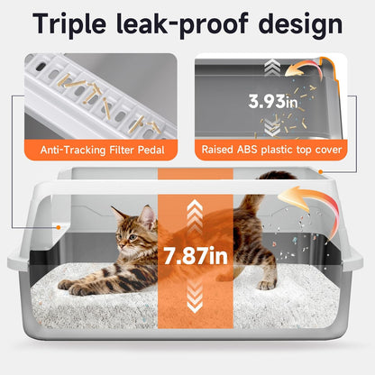 Stainless Steel Cat Litter Box for Small Cats, Odor Free Metal Litter Box with High Sides Lid, Open Top Low Entry Litter Pan Include Scoop Easy Cleaning Kitty Cat Box Anti-Urine Leakage, Non-Sticky