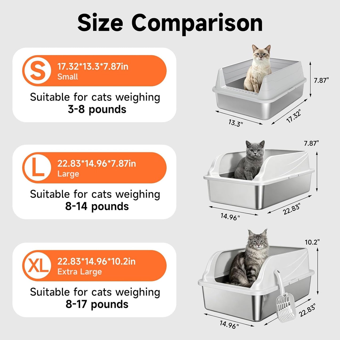 Stainless Steel Cat Litter Box for Small Cats, Odor Free Metal Litter Box with High Sides Lid, Open Top Low Entry Litter Pan Include Scoop Easy Cleaning Kitty Cat Box Anti-Urine Leakage, Non-Sticky