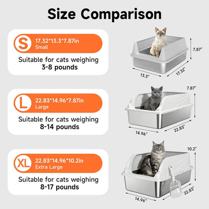 Stainless Steel Cat Litter Box for Small Cats, Odor Free Metal Litter Box with High Sides Lid, Open Top Low Entry Litter Pan Include Scoop Easy Cleaning Kitty Cat Box Anti-Urine Leakage, Non-Sticky