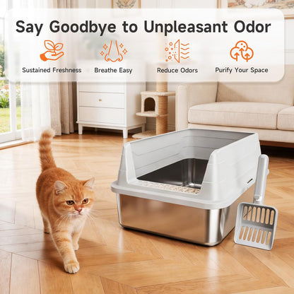 Stainless Steel Cat Litter Box for Small Cats, Odor Free Metal Litter Box with High Sides Lid, Open Top Low Entry Litter Pan Include Scoop Easy Cleaning Kitty Cat Box Anti-Urine Leakage, Non-Sticky