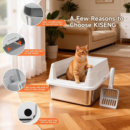 Stainless Steel Cat Litter Box for Small Cats, Odor Free Metal Litter Box with High Sides Lid, Open Top Low Entry Litter Pan Include Scoop Easy Cleaning Kitty Cat Box Anti-Urine Leakage, Non-Sticky