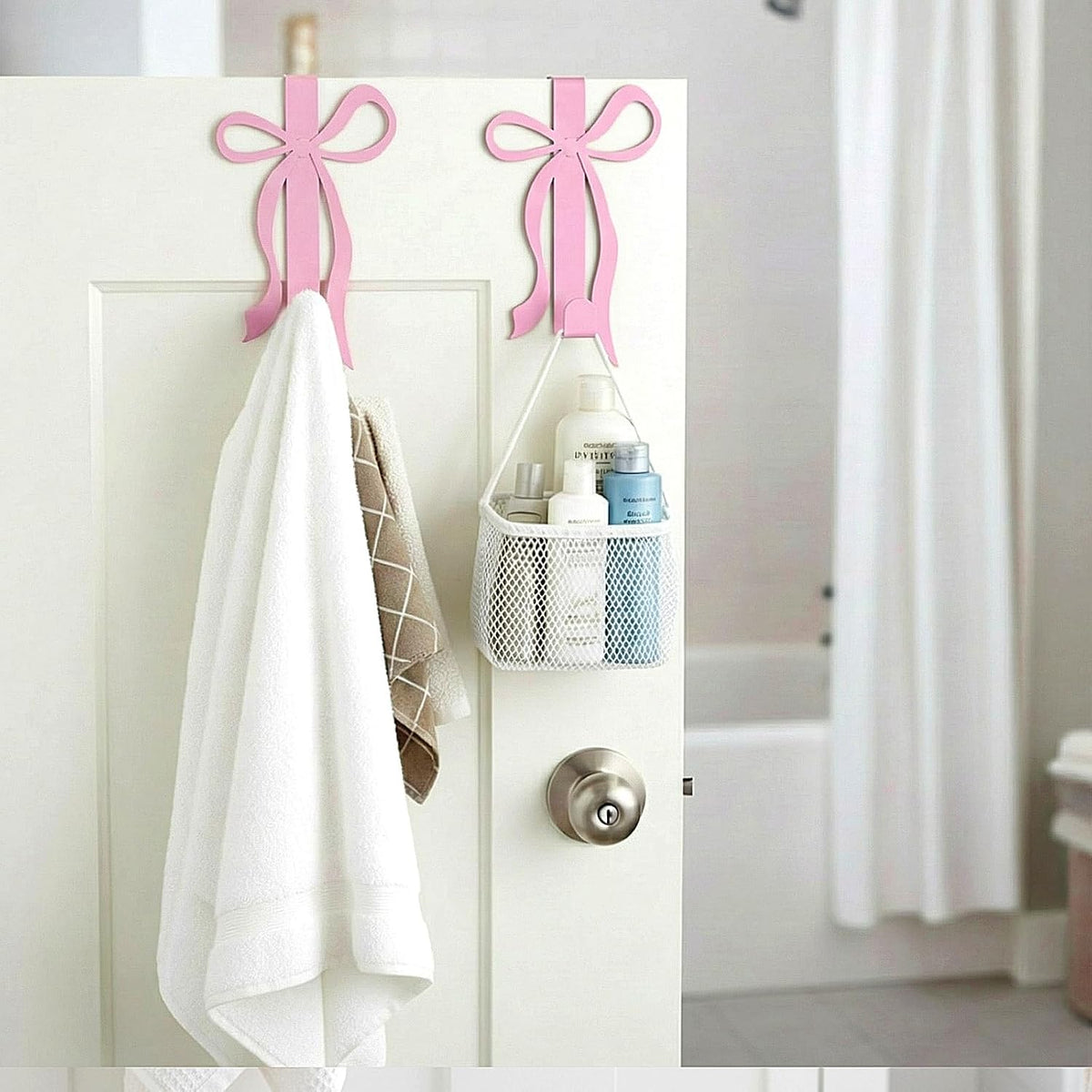 2 Pack Pink Bow Over the Door Hooks Metal Strong Door Hangers