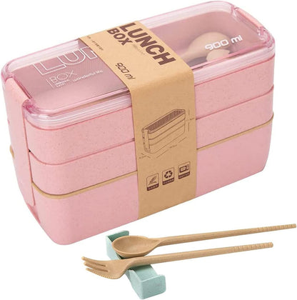 Pink Stackable Bento Box Japanese Lunch Box Kit with Spoon & Fork, 3-In-1 Compartment Wheat Straw Meal Prep Containers for Kids & Adults