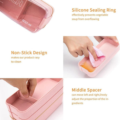 Pink Stackable Bento Box Japanese Lunch Box Kit with Spoon & Fork, 3-In-1 Compartment Wheat Straw Meal Prep Containers for Kids & Adults