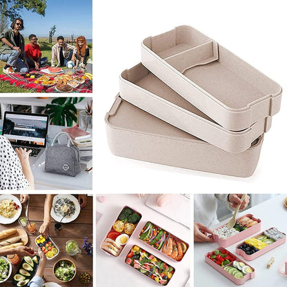 Pink Stackable Bento Box Japanese Lunch Box Kit with Spoon & Fork, 3-In-1 Compartment Wheat Straw Meal Prep Containers for Kids & Adults
