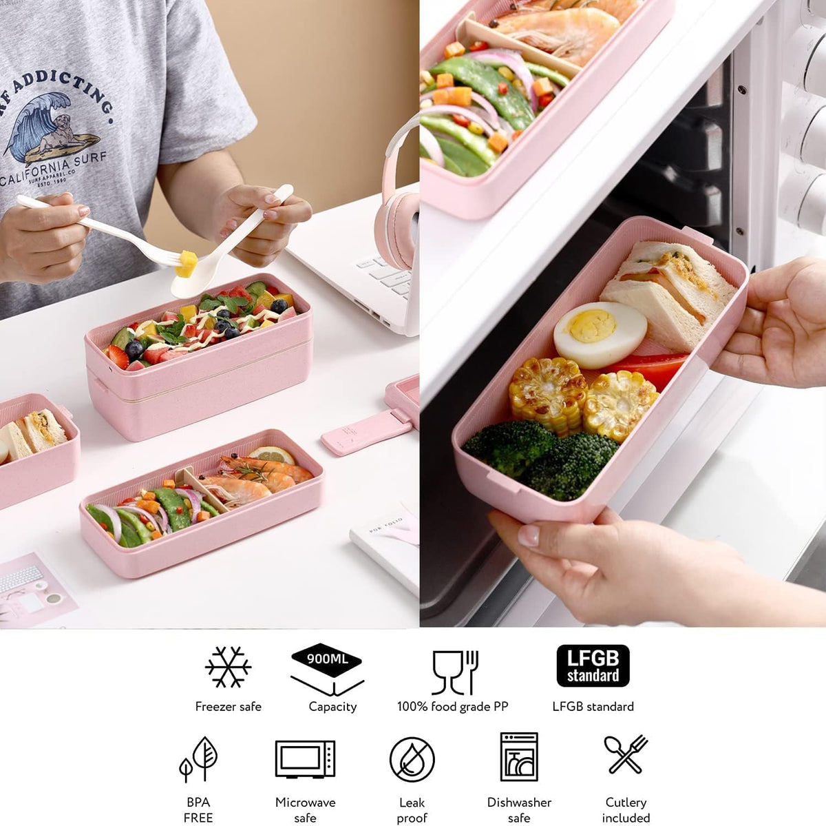 Pink Stackable Bento Box Japanese Lunch Box Kit with Spoon & Fork, 3-In-1 Compartment Wheat Straw Meal Prep Containers for Kids & Adults
