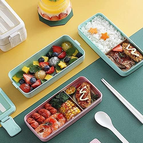 Pink Stackable Bento Box Japanese Lunch Box Kit with Spoon & Fork, 3-In-1 Compartment Wheat Straw Meal Prep Containers for Kids & Adults