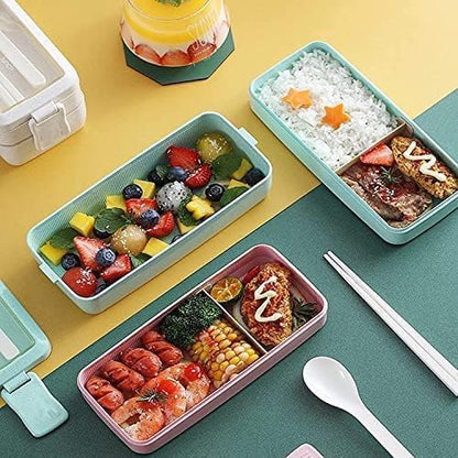 Pink Stackable Bento Box Japanese Lunch Box Kit with Spoon & Fork, 3-In-1 Compartment Wheat Straw Meal Prep Containers for Kids & Adults