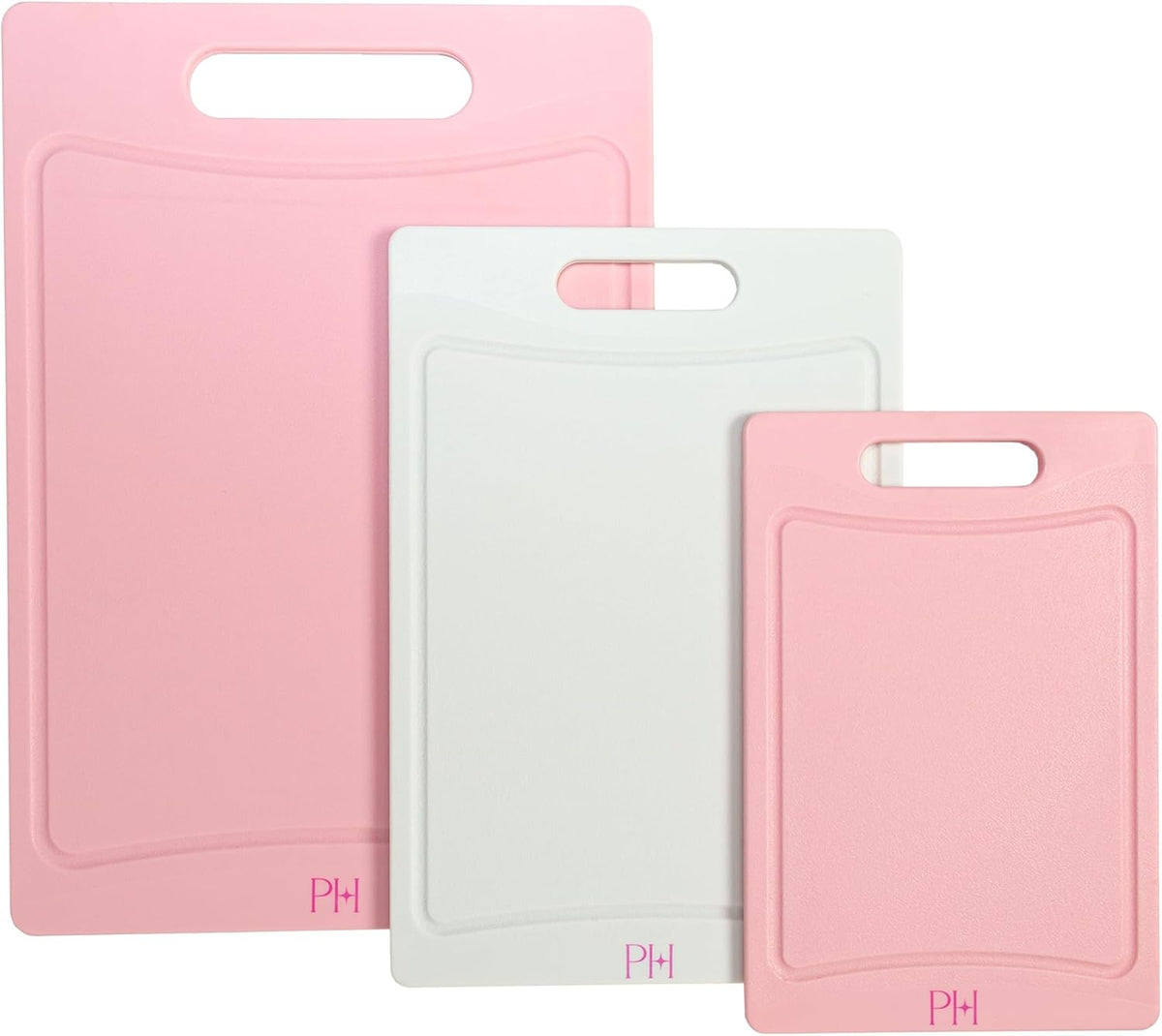 Paris Hilton Cutting Boards for Kitchen, Reversible Dual Sided Plastic Cutting Board Set with Juice Grooves, Easy Grip Handle, Heavy Duty and Made Without BPA, Dishwasher Safe, 3-Piece, Pink and Cream