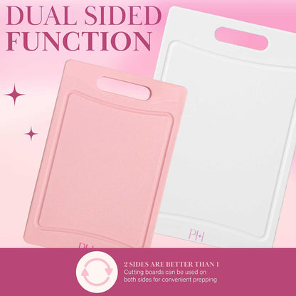 Paris Hilton Cutting Boards for Kitchen, Reversible Dual Sided Plastic Cutting Board Set with Juice Grooves, Easy Grip Handle, Heavy Duty and Made Without BPA, Dishwasher Safe, 3-Piece, Pink and Cream