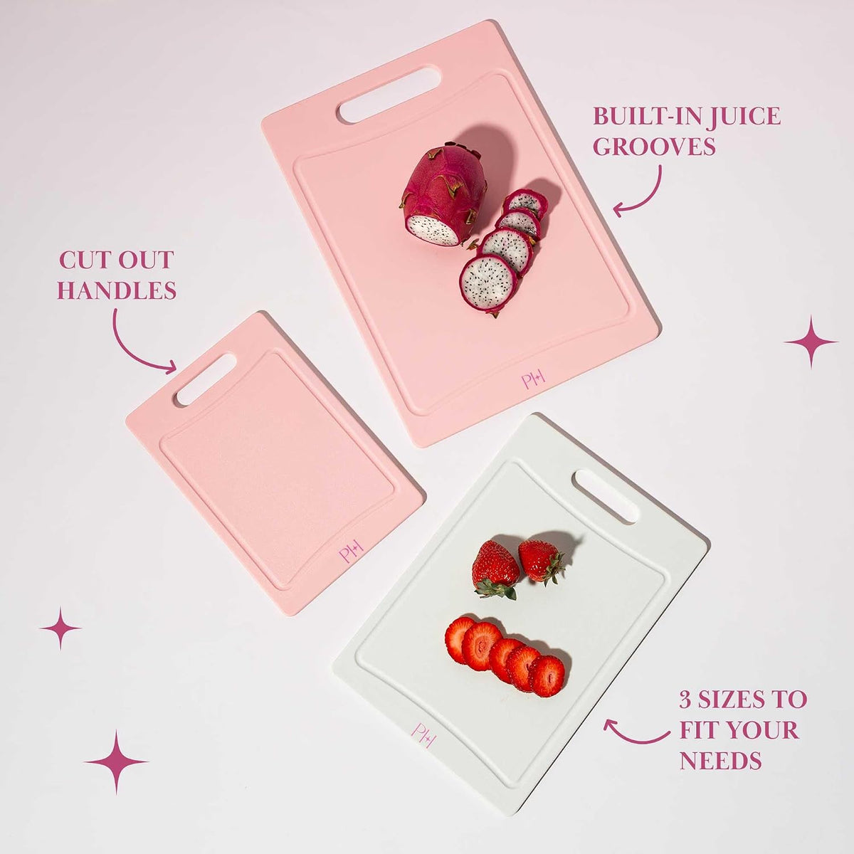 Paris Hilton Cutting Boards for Kitchen, Reversible Dual Sided Plastic Cutting Board Set with Juice Grooves, Easy Grip Handle, Heavy Duty and Made Without BPA, Dishwasher Safe, 3-Piece, Pink and Cream