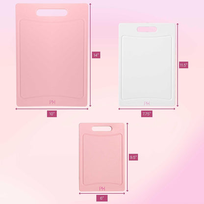 Paris Hilton Cutting Boards for Kitchen, Reversible Dual Sided Plastic Cutting Board Set with Juice Grooves, Easy Grip Handle, Heavy Duty and Made Without BPA, Dishwasher Safe, 3-Piece, Pink and Cream