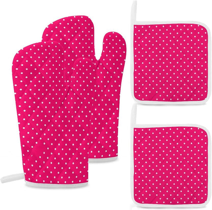 4Pcs Oven Mitts and Potholders, Stylish Pink Polka Dot Oven Mitts Gloves Set Heat Resistant Hot Pads for Kitchen Cooking Grill