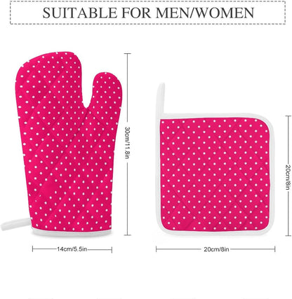 4Pcs Oven Mitts and Potholders, Stylish Pink Polka Dot Oven Mitts Gloves Set Heat Resistant Hot Pads for Kitchen Cooking Grill