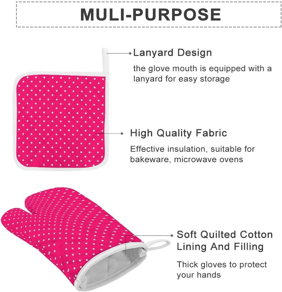 4Pcs Oven Mitts and Potholders, Stylish Pink Polka Dot Oven Mitts Gloves Set Heat Resistant Hot Pads for Kitchen Cooking Grill
