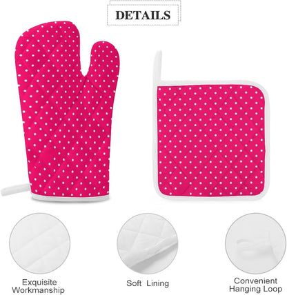 4Pcs Oven Mitts and Potholders, Stylish Pink Polka Dot Oven Mitts Gloves Set Heat Resistant Hot Pads for Kitchen Cooking Grill