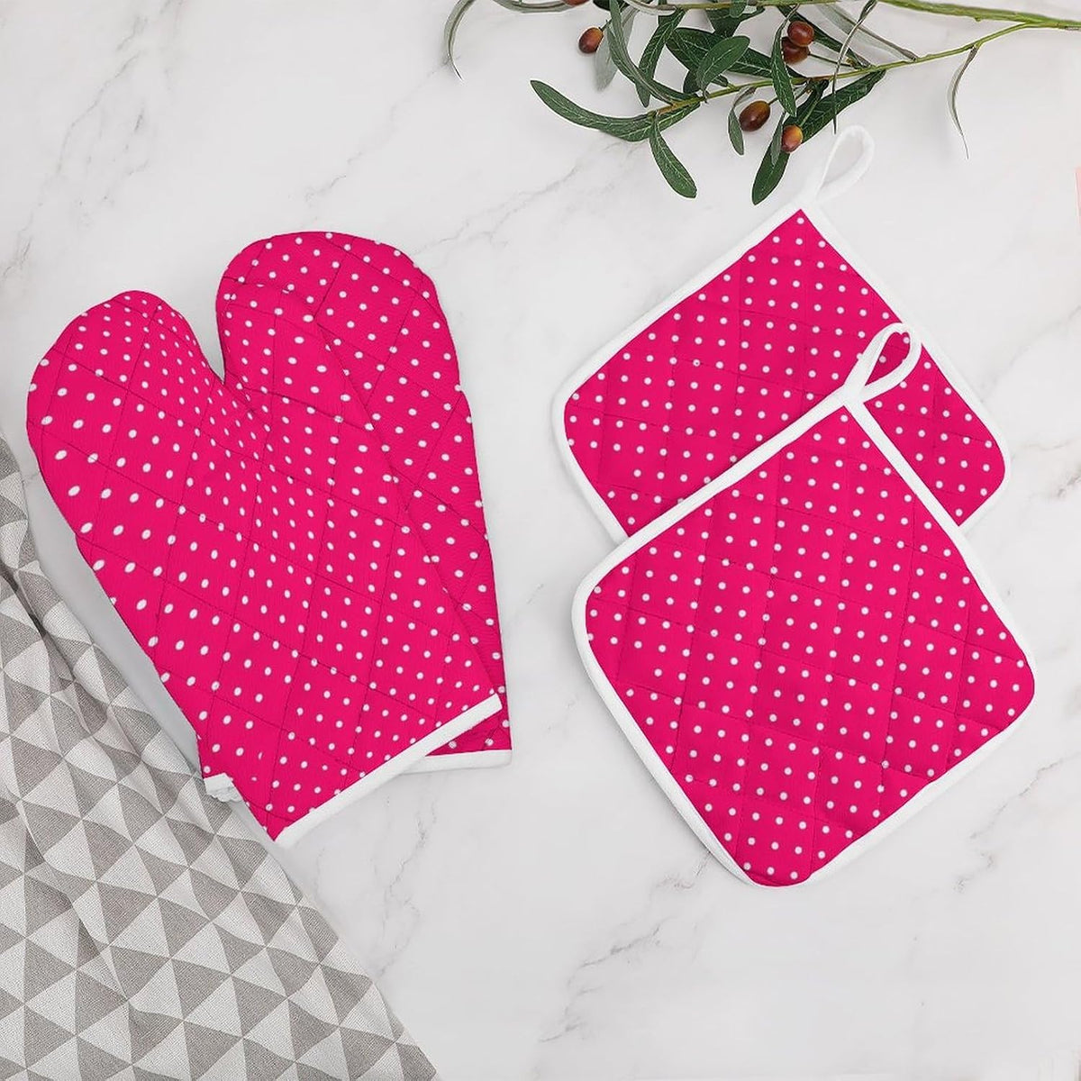 4Pcs Oven Mitts and Potholders, Stylish Pink Polka Dot Oven Mitts Gloves Set Heat Resistant Hot Pads for Kitchen Cooking Grill