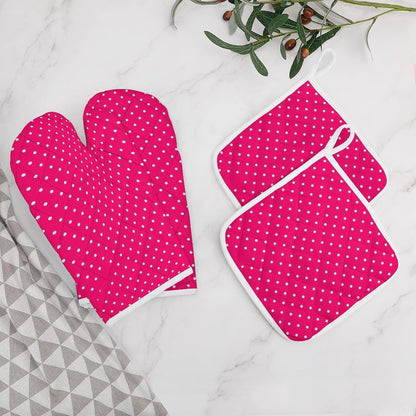 4Pcs Oven Mitts and Potholders, Stylish Pink Polka Dot Oven Mitts Gloves Set Heat Resistant Hot Pads for Kitchen Cooking Grill