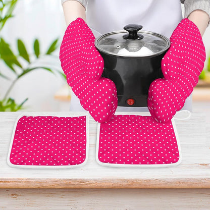 4Pcs Oven Mitts and Potholders, Stylish Pink Polka Dot Oven Mitts Gloves Set Heat Resistant Hot Pads for Kitchen Cooking Grill