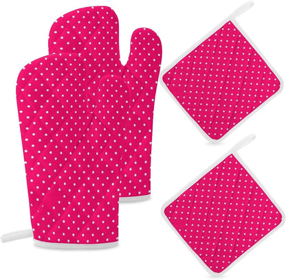 4Pcs Oven Mitts and Potholders, Stylish Pink Polka Dot Oven Mitts Gloves Set Heat Resistant Hot Pads for Kitchen Cooking Grill