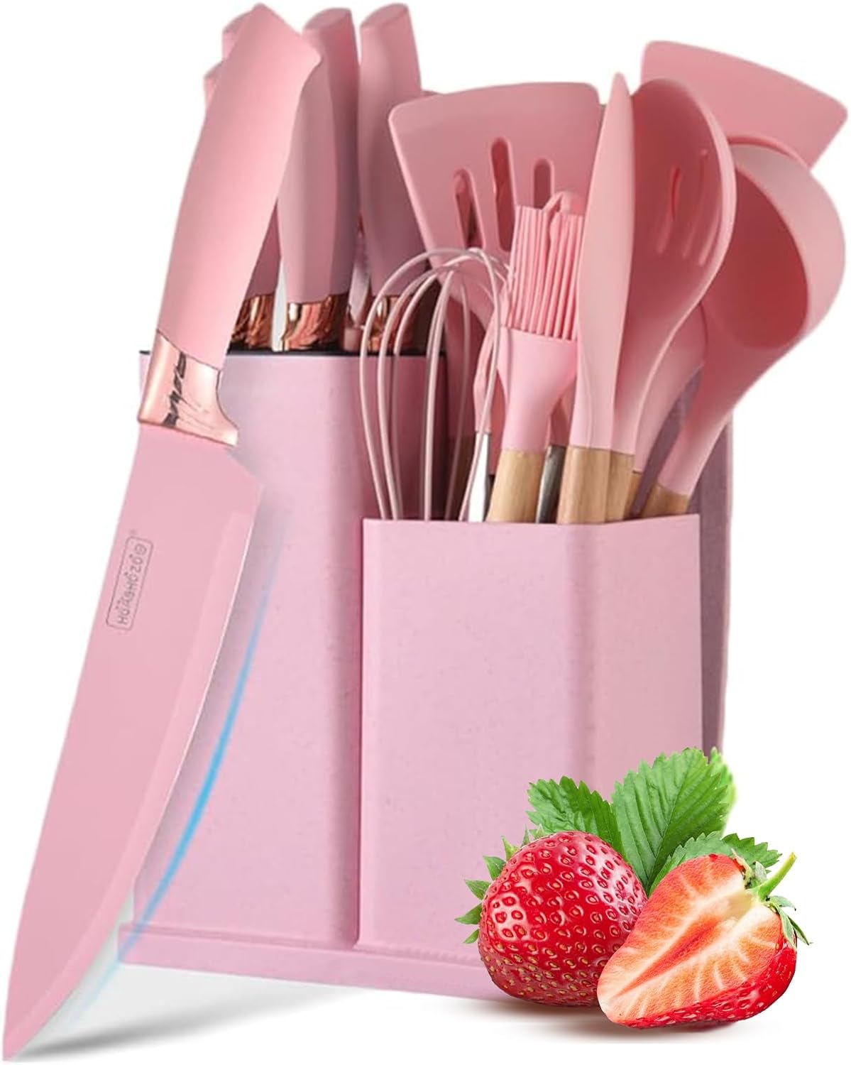 Kitchen Knife Set with Block, Pink 19PC Silicone Kitchen Utensil Set and Stainless Steel Knife Set, Non-stick Sharp Chef Knife and Cooking Utensils Gift for Women Family (19 in 1)
