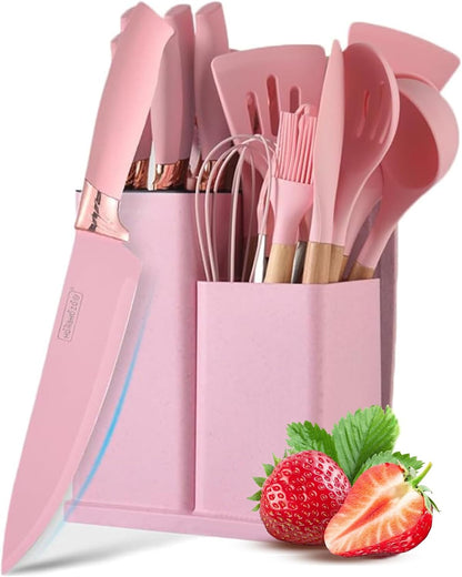 Kitchen Knife Set with Block, Pink 19PC Silicone Kitchen Utensil Set and Stainless Steel Knife Set, Non-stick Sharp Chef Knife and Cooking Utensils Gift for Women Family (19 in 1)