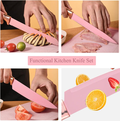 Kitchen Knife Set with Block, Pink 19PC Silicone Kitchen Utensil Set and Stainless Steel Knife Set, Non-stick Sharp Chef Knife and Cooking Utensils Gift for Women Family (19 in 1)