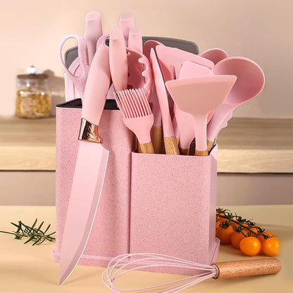 Kitchen Knife Set with Block, Pink 19PC Silicone Kitchen Utensil Set and Stainless Steel Knife Set, Non-stick Sharp Chef Knife and Cooking Utensils Gift for Women Family (19 in 1)