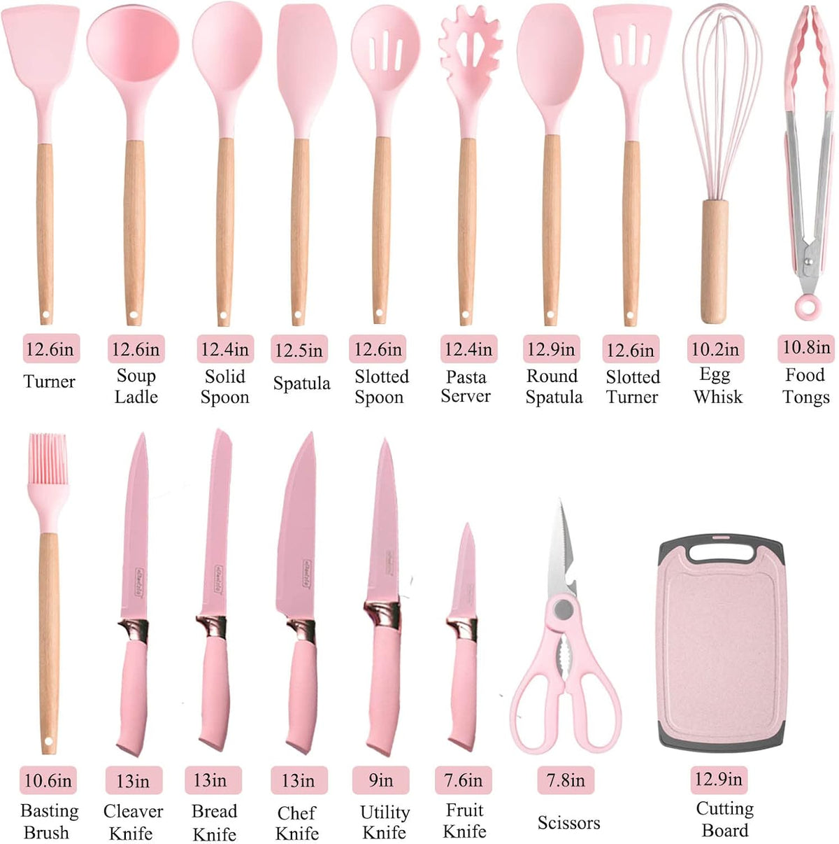 Kitchen Knife Set with Block, Pink 19PC Silicone Kitchen Utensil Set and Stainless Steel Knife Set, Non-stick Sharp Chef Knife and Cooking Utensils Gift for Women Family (19 in 1)