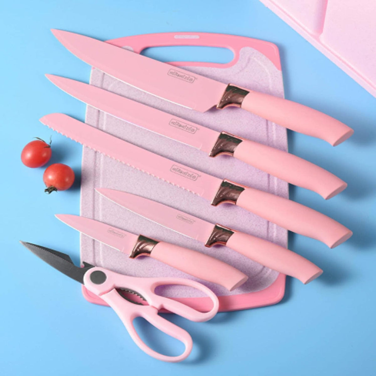 Kitchen Knife Set with Block, Pink 19PC Silicone Kitchen Utensil Set and Stainless Steel Knife Set, Non-stick Sharp Chef Knife and Cooking Utensils Gift for Women Family (19 in 1)