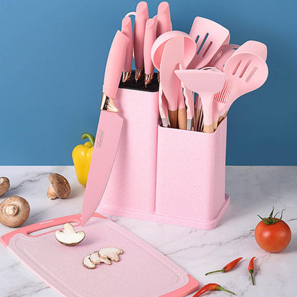 Kitchen Knife Set with Block, Pink 19PC Silicone Kitchen Utensil Set and Stainless Steel Knife Set, Non-stick Sharp Chef Knife and Cooking Utensils Gift for Women Family (19 in 1)