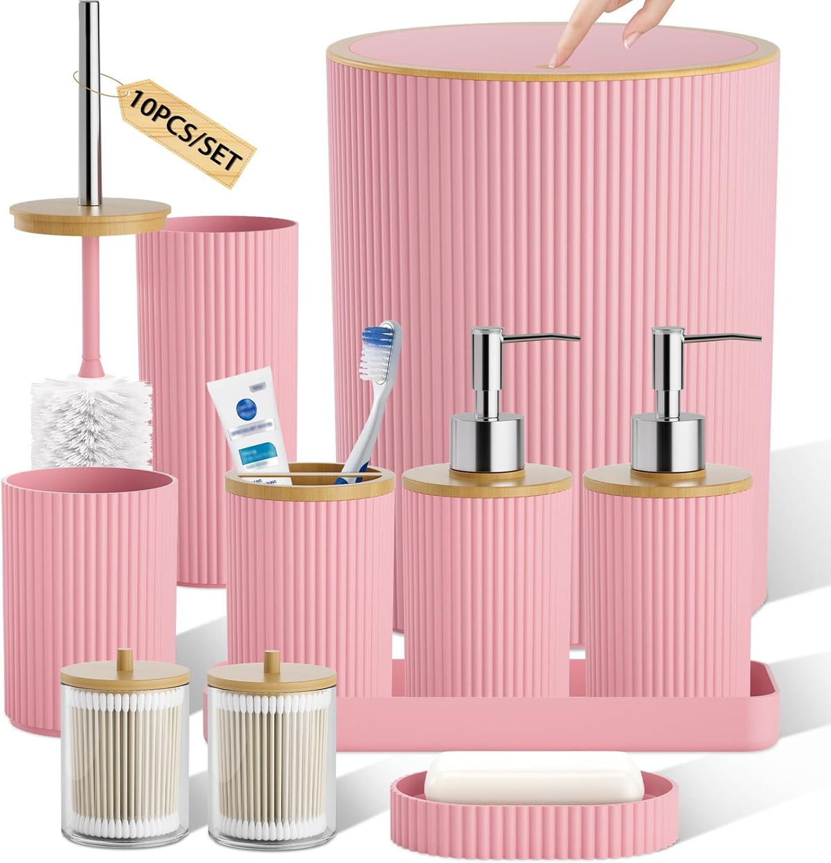10PC Bathroom Accessories Set - Pink and Wooden Bathroom Sets