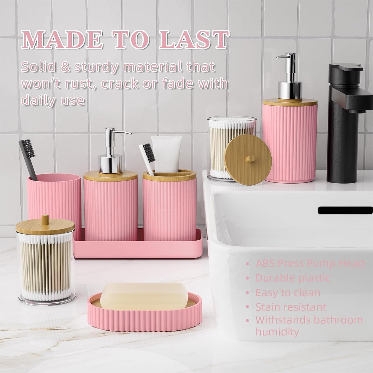 10PC Bathroom Accessories Set - Pink and Wooden Bathroom Sets