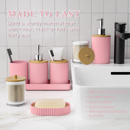 10PC Bathroom Accessories Set - Pink and Wooden Bathroom Sets