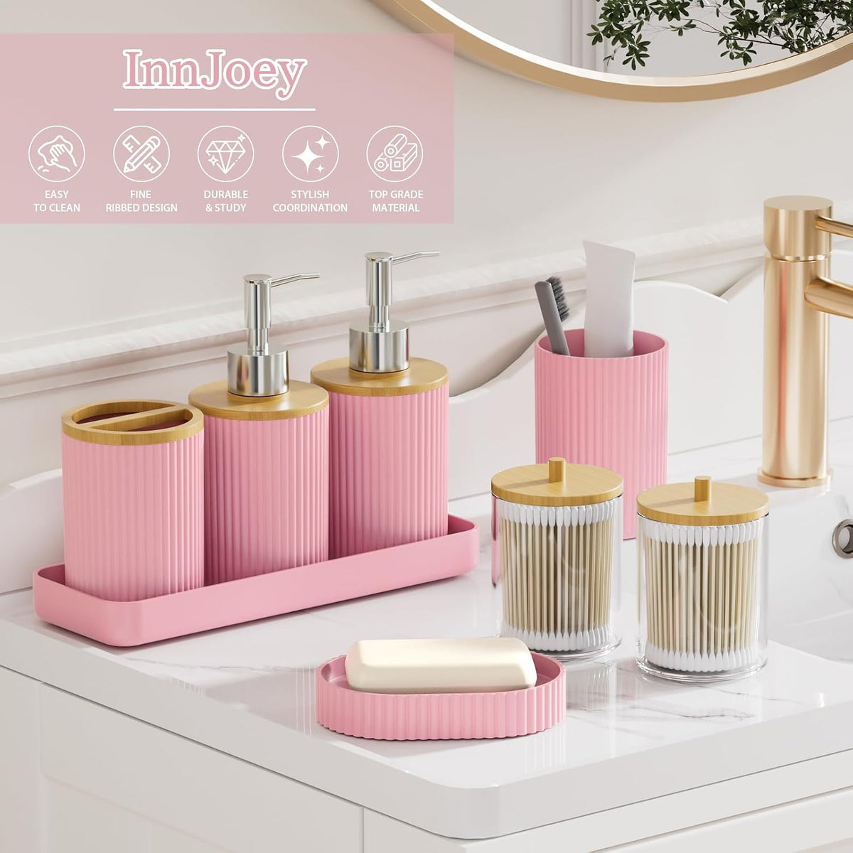 10PC Bathroom Accessories Set - Pink and Wooden Bathroom Sets