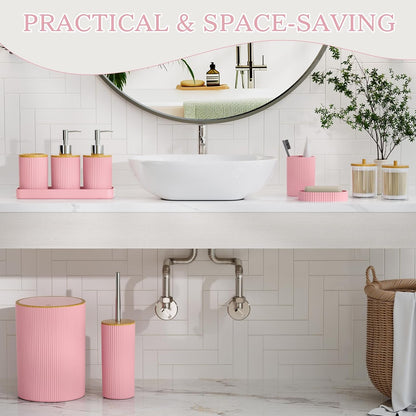 10PC Bathroom Accessories Set - Pink and Wooden Bathroom Sets