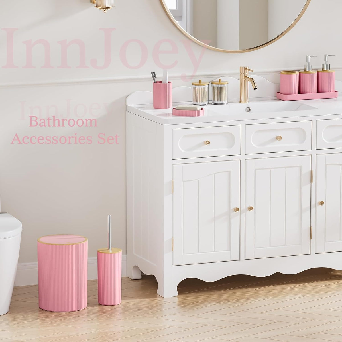 10PC Bathroom Accessories Set - Pink and Wooden Bathroom Sets